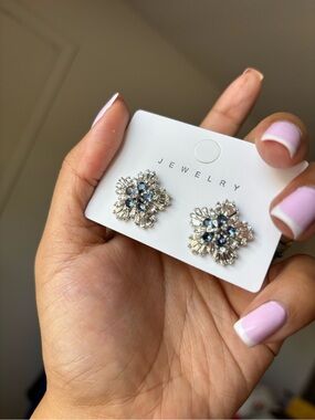 Sparkling Floral Cluster Stud Earrings - Silver with Blue Accents